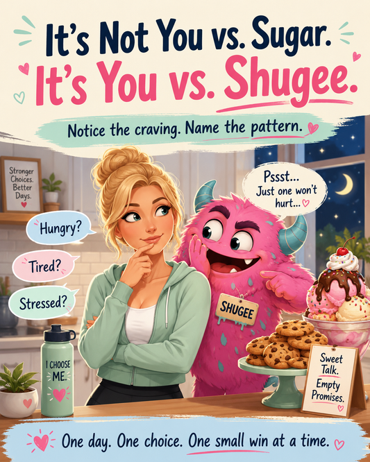 It's Not You vs. Sugar. It's You vs. Shugee. A woman confidently faces her sugar monster cravings with the message: One day. One choice. One small win at a time.